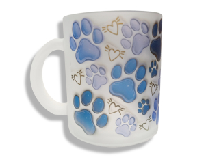 Hrnek skleněný MATNÝ 330 ml A+ *MODRÉ TLAPKY 3D*