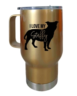 Peštovka Cestovní hrnek 450ml zlatý *I LOVE MY STAFFY*